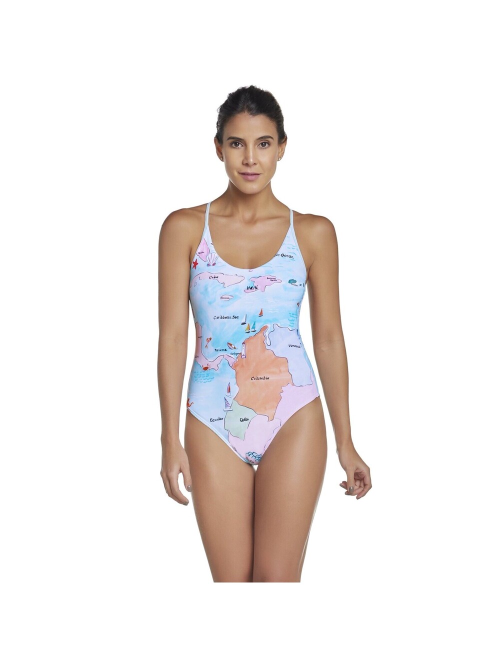 PilyQ Maps Farrah One Piece Swimsuit bathing Suit MAP-508P blue multi Small